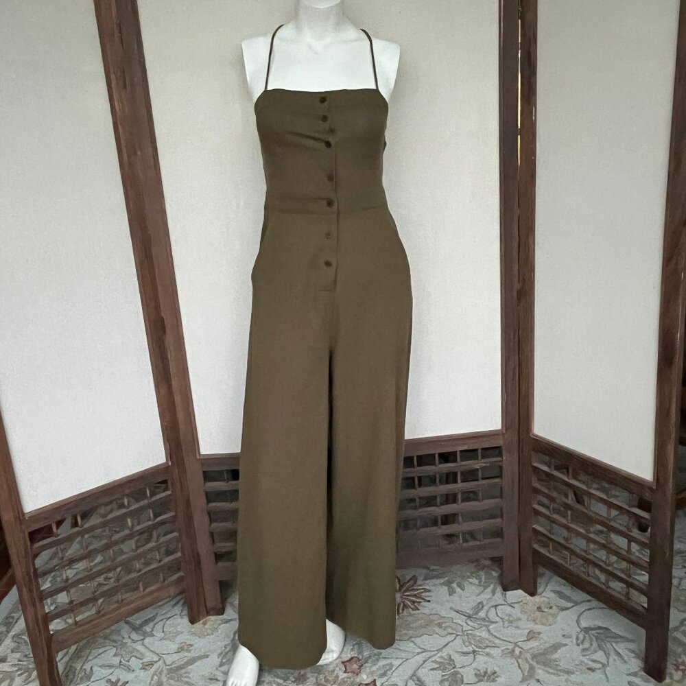 LULUS Linen Khaki Button Up Jumpsuit with Laced Open Back